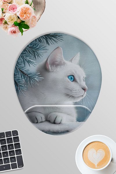 qoeuyl boutique White Cat Winter Themed No:1 Gamer Gaming Οβάλ ποντίκι με υποστήριξη καρπού