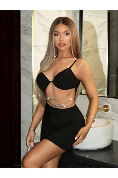 Zenu Lingerie Elegant Siyah Zincir Detaylı Mini Elbise