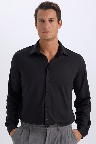 DeFacto Тениска с дълъг ръкав и поло яка Slim Fit, черна D4525ax24au