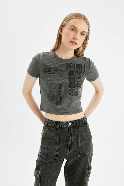 DeFacto Crew Neck Printed Ribbed Camisole T-Shirt - Short Sleeve D4385Ax24Sm
