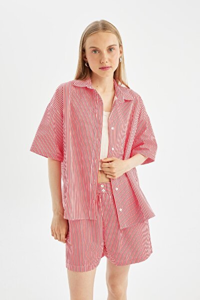 DeFacto Coool Oversize Çizgili Poplin Kısa Kollu Gömlek D3835ax24hs