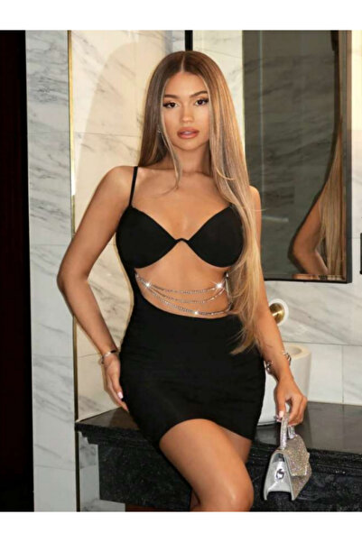 Zenu Lingerie Elegant Siyah Zincir Detaylı Mini Elbise