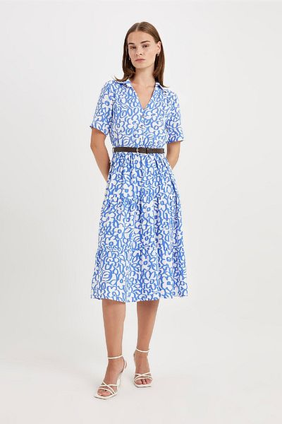 DeFacto Shirt Collar Floral Print Belted Short Sleeve Midi Dress D4411Ax24Hs