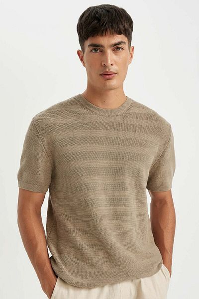 DeFacto Kurzärmliges Strick-T-Shirt aus Baumwolle mit normaler Passform und Rundhalsausschnitt D3580ax24sm