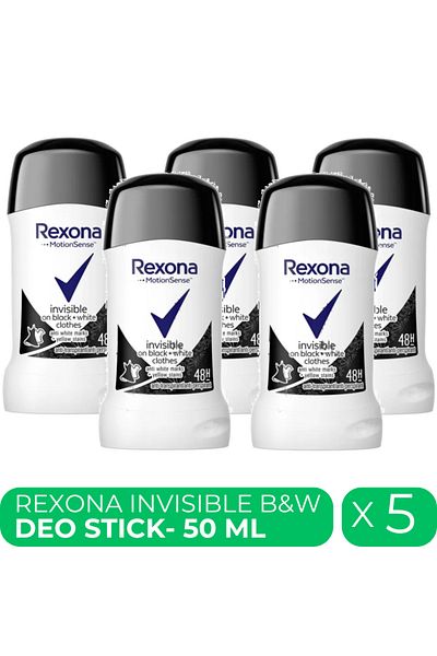 Rexona Invisible Black & White, deodorant stick femei, 5 buc x 50 ml