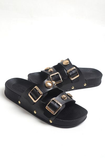 Ayakkabı Vakti Double Banded Gold Buckle Detailed Daily Comfort Women's Slippers