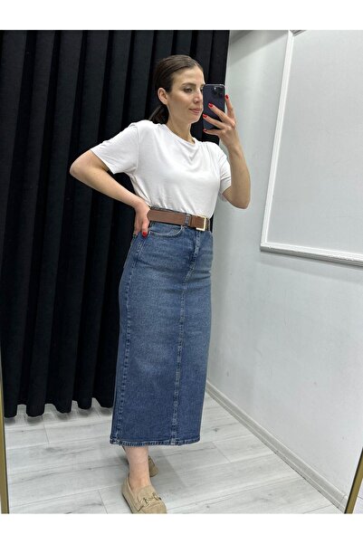 TUNAM BUTİK MAXİ BOY MAVİ KOT ETEK