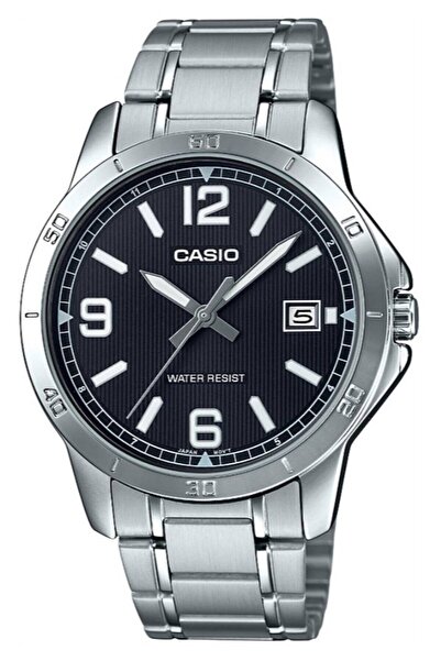 Casio ساعة يد رجالية باللون الفضي والأسود بتقويم