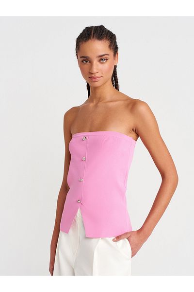 Dilvin 10739 Strapless Buttoned Knitwear Top-Pink