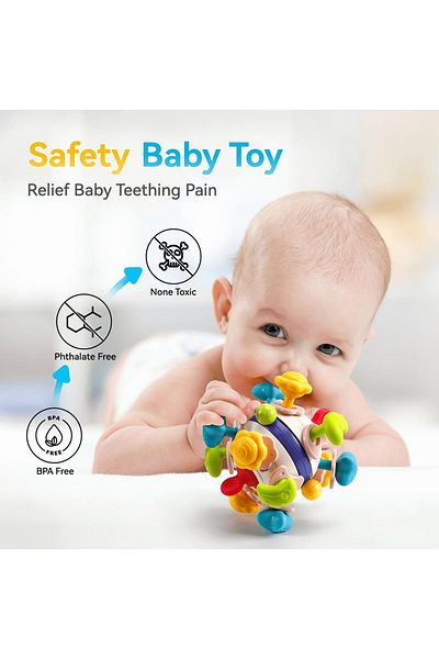 lovely baby حلقة تسنين للأطفال مضادة للسقوط مع كرة عضاضة وكرة إمساك