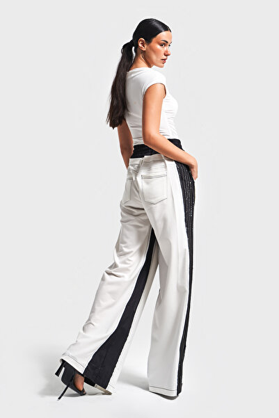 its basic Women's Ecru Color Black Striped Fabric Loose Cut Double Piece Design Trousers