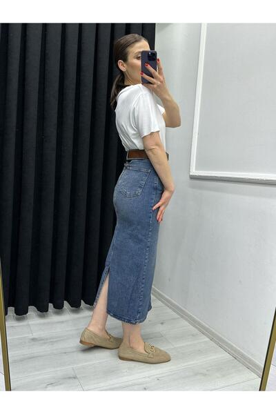 TUNAM BUTİK MAXİ BOY MAVİ KOT ETEK