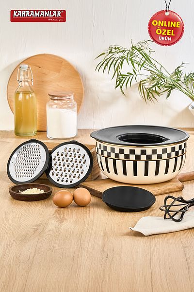 Kahramanlar Prime Cream Enamel 5 Piece Grater Storage and Mixing Bowl 24 cm