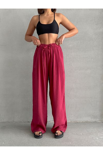 BEJNA Burgunderrote, drapierte, weite Maxihose aus Modal-Mischgewebe für Damen