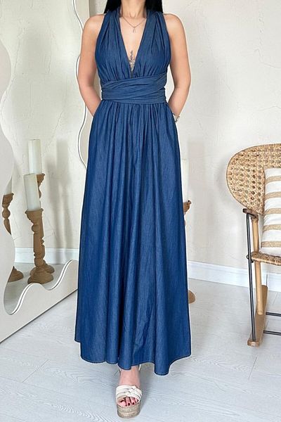 leyla sanat sanata yeni bir bakış açısı Leyla Art Art a New Perspective Blue Tie-Up Dress