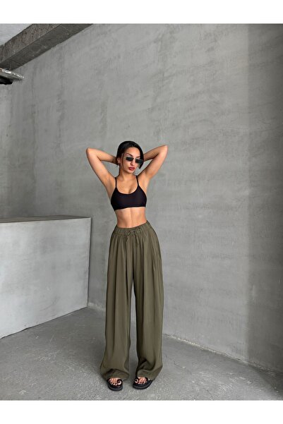 BEJNA Women's Khaki Modal Blended Flowy Wide Maxi Pants