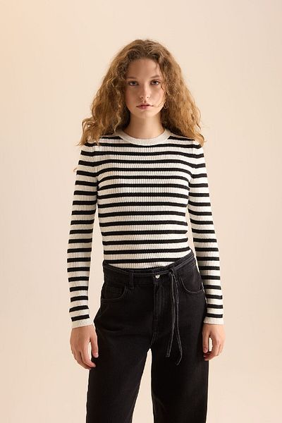 DeFacto Basic Striped Crew Neck Ribbed Knitwear Sweater D4882Axns