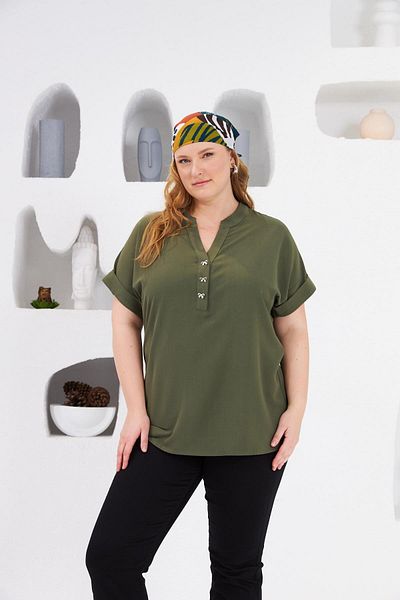 RMG Large Size Blouse-Khaki Bow Button Detail