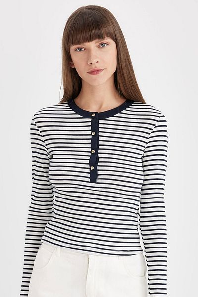 DeFacto Μπλουζάκι με ριγέ Slim Fit Crew Neck Camisole - Μακρύ μανίκι με κουμπιά - D4271ax24au