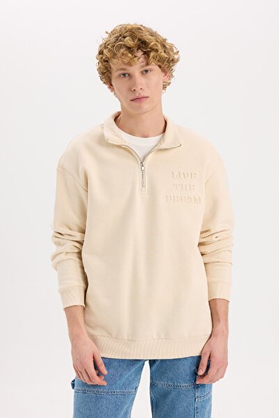 DeFacto Comfortable Stand Collar Zip Printed Sweatshirt - Comfort Regular Fit B0254Ax24Au