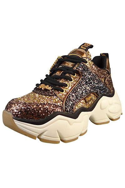Buffalo Damen Mid Sneaker Binary Glam Low Top 1636282 Goldfarben Black/Gold Kunstleder mit herausnehmbarem
