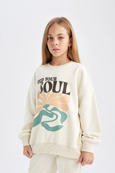 DeFacto Φούτερ για κορίτσια Oversize Wide Fit Crew Neck με στάμπα D2880a824wn
