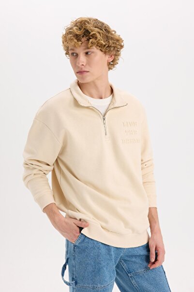 DeFacto Comfortable Stand Collar Zip Printed Sweatshirt - Comfort Regular Fit B0254Ax24Au