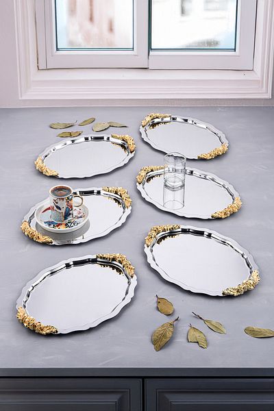 AHİR TİCARET 6 Pieces Oval-Cloud Model Rose Motif Coffee-Tea Presentation Tray 25 cm X 20 Xm