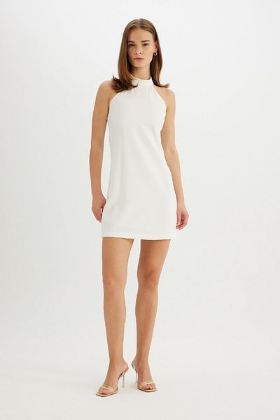 DeFacto A-Linie Neckholder-Krepp-ärmelloses weißes Mini-Abendkleid D4115ax24hs