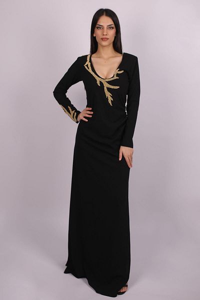 SpringStore Black Stone Detailed Long Sleeve Evening Dress
