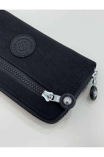 Sanmorris Women's Crinkle Fabric Black Wallet with Metal Zipper Card Holder and Coin Compartment