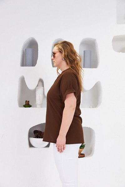 RMG Plus Size Blouse - Brown with Bow Button Detail