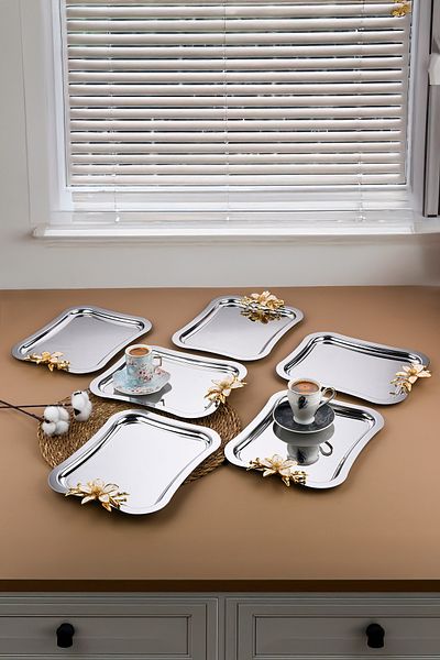 AHİR TİCARET Italian Model Large Daisy Motif 6 Pieces Coffee-Tea Tray 27X22 cm