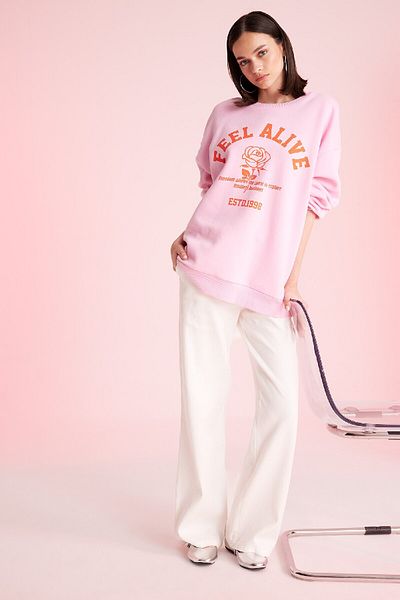 DeFacto Oversize Wide Fit Crew Neck με στάμπα χοντρό φούτερ D4940ax24au