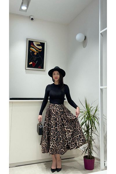 modadagiyim Γυναικεία φούστα με επένδυση Leopard Print Long Fabric Balloon Πολύ κομψή φούστα