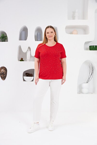 RMG Stone Embroidered Crew Neck Large Size T-Shirt Red