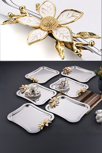 AHİR TİCARET Italian Model Large Daisy Motif 6 Pieces Coffee-Tea Tray 27X22 cm