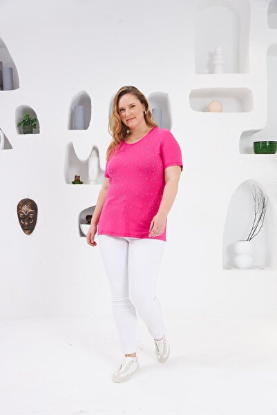 RMG Large Size Fuchsia Stone Embroidered Crew Neck T-Shirt