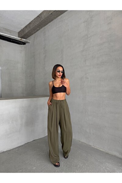 BEJNA Women's Khaki Modal Blended Flowy Wide Maxi Pants