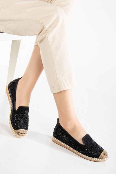 SUİNS SHOES Suins Lujo Model Black & Tan Stone Embroidered Women's Ballerina Shoes