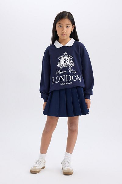 DeFacto Marineblauer, plissierter, taillierter Gabardine-Rock für Mädchen D2918a824wn