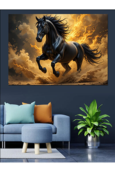 ekart Alevli Koşan Siyah At Dekoratif Kanvas - Mdf Ahşap Tablo