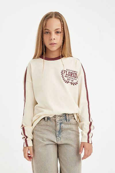 DeFacto Girls Oversize Wide Fit Crew Neck Printed Long Sleeve T-Shirt D2889A824Wn