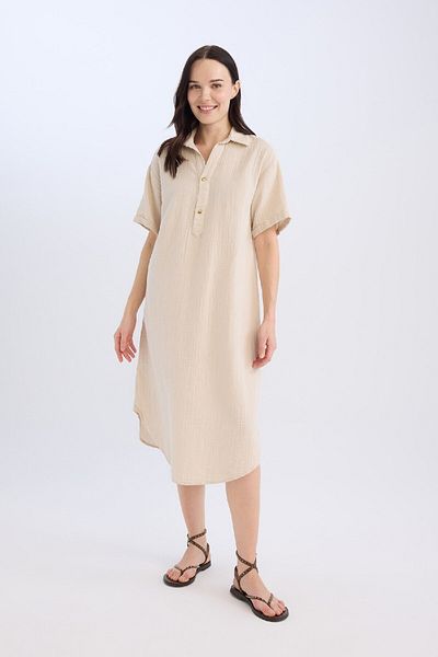 DeFacto Polo Neck Basic Muslin Midi Φόρεμα - Κοντό μανίκι, με κουμπιά, κανονική εφαρμογή D5363ax24au