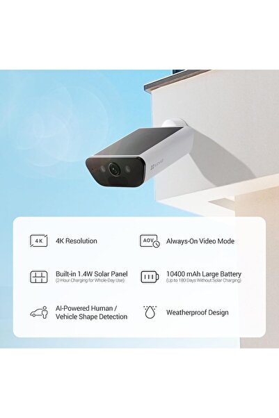 EZVIZ كاميرا مراقبة خارجية لاسلكية CB5 4K تعمل بالطاقة الشمسية 2 في 1 مدمجة بلوحة شمسية، رؤية ليلية ملونة،