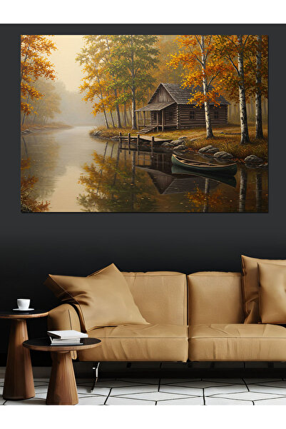 KanvasSepeti Casa de toamnă lângă lac Pictură în ulei Texturată Pânză de înal...