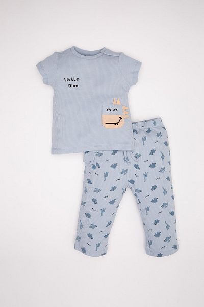 DeFacto Baby Boy 2Pi Suit Dinosaur Printed Short Sleeve Waffle T-Shirt Top with Elastic Waist Bottom