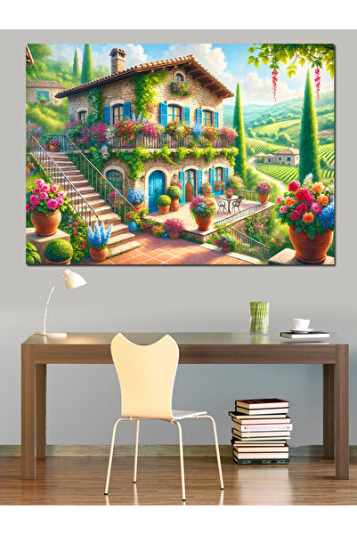 ekart Çiçekli Avlulu Ev Dekoratif Kanvas - Mdf Ahşap Tablo
