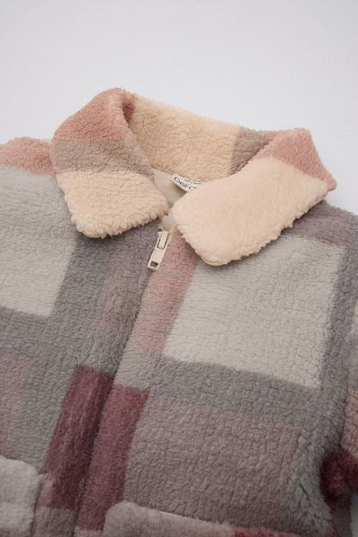 DeFacto Square Patterned Welsoft Plush Cardigan for Baby Girl - Shirt Collar, Zipper Detail D3826A524Wn