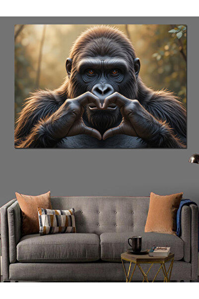 ekart Kalp Yapan Goril Dekoratif Kanvas - Mdf Ahşap Tablo